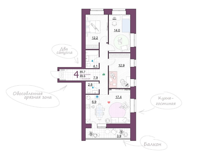 планировка квартиры 90 м2